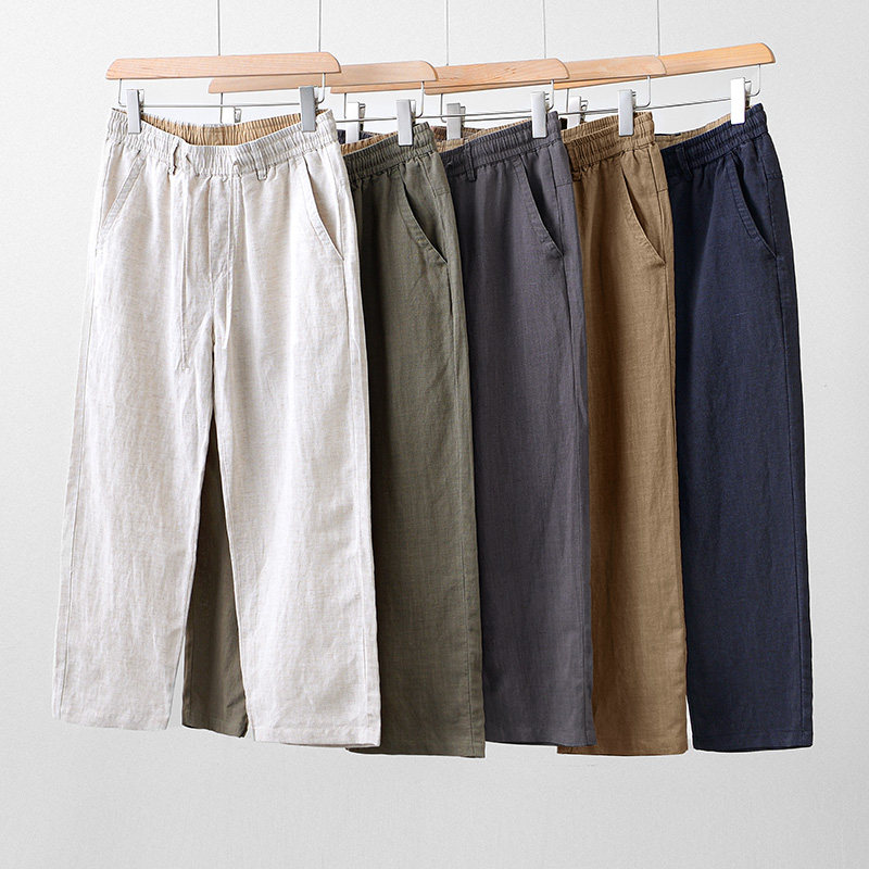 男装松紧腰亚麻裤直筒宽松长裤百搭休闲裤透气裤子男