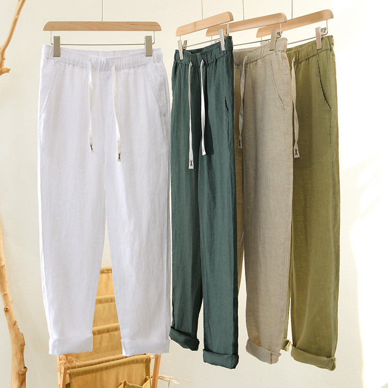 2025年新款纯亚麻男国潮简约直筒裤系绳子休闲裤亚麻布透气运动裤