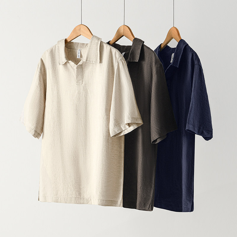 100%纯亚麻英伦绅士风新款男士夏季T恤休闲古巴领POLO衫