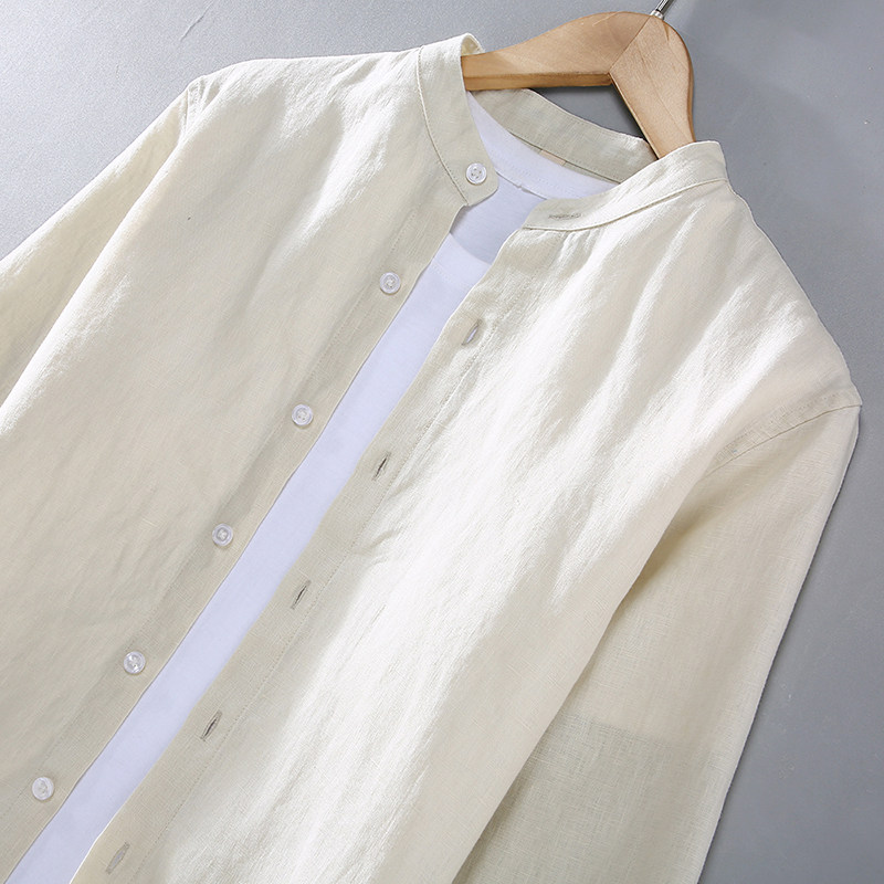 传棨100%纯亚麻立领长袖衬衫麻布男装春秋棉麻衬衣纯色百搭上衣服
