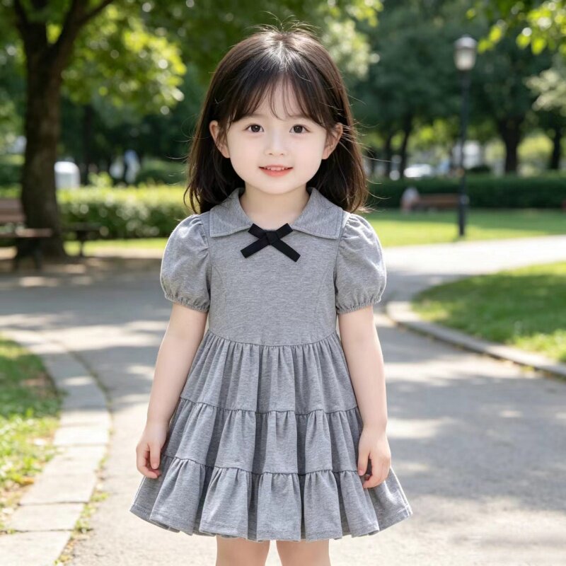 女童泡泡袖连衣裙2026年夏款儿童洋气蝴蝶结蛋糕裙潮
