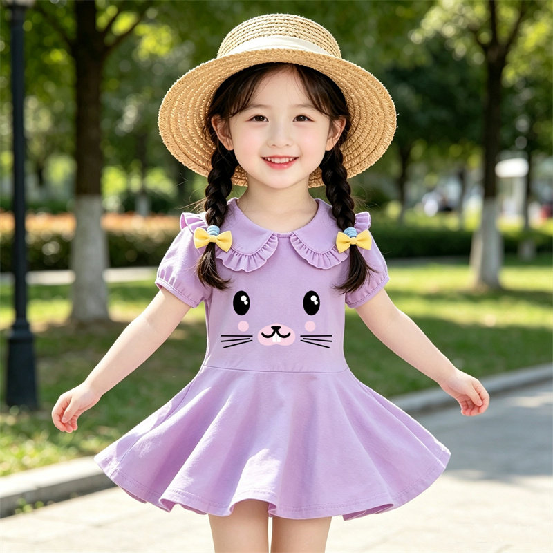 女童蛋糕短袖连衣裙夏季宝宝娃娃领卡通短袖连衣裙婴幼儿公主裙