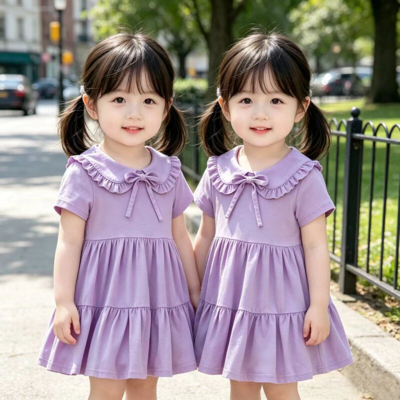 女童夏季连衣裙2026新款中大童洋气夏装小女孩公主风娃娃领蛋糕裙