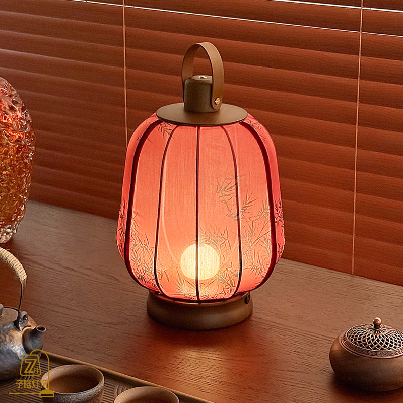 宋代美学竹影手提宫灯笼灯布艺台灯新中式复古卧室夜灯书法氛围灯