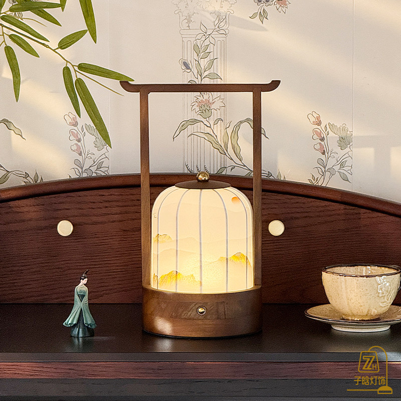 宋代美学手提台灯新中式国风布艺充电触摸卧室夜灯茶室书法氛围灯