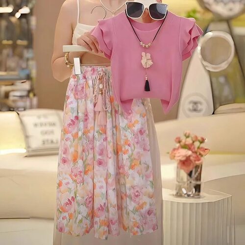 女童套装夏季2025新款洋气儿童小飞袖T恤夏装小女孩休闲裤两件套