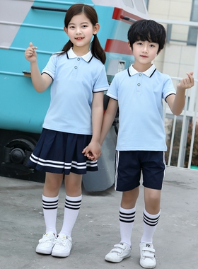 夏季校服纯棉幼儿园服短袖小学生班服英伦风儿童蓝色运动套装优选