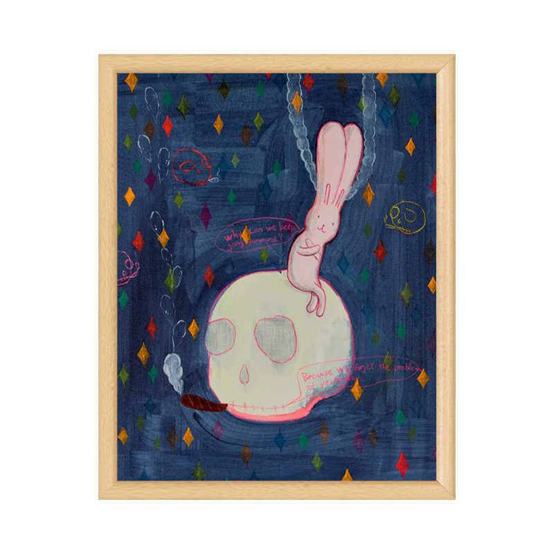 奶油风中古风小清新插图兔子儿童房卡通装饰画原木风挂画卧室餐厅