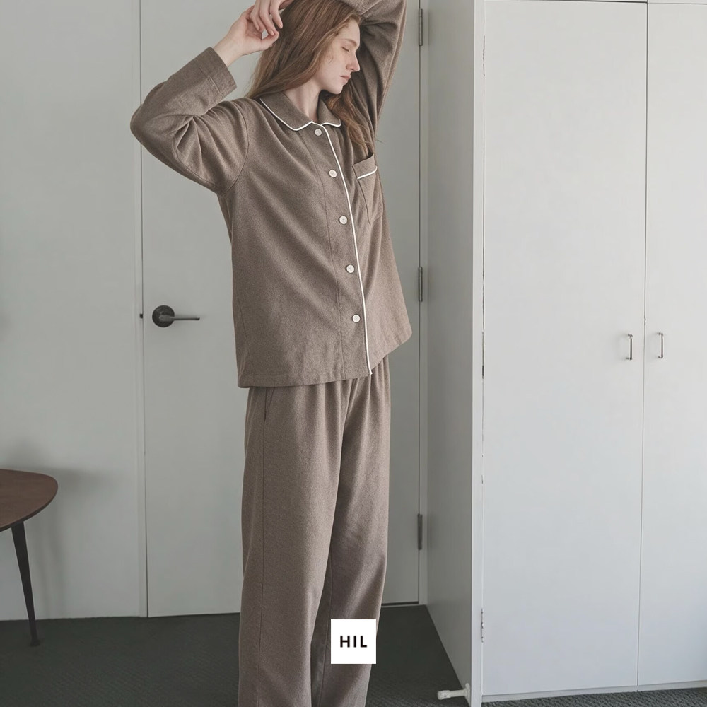 纯棉法兰绒睡衣无侧缝日式韩系无印风家居服可外穿春秋套装长袖