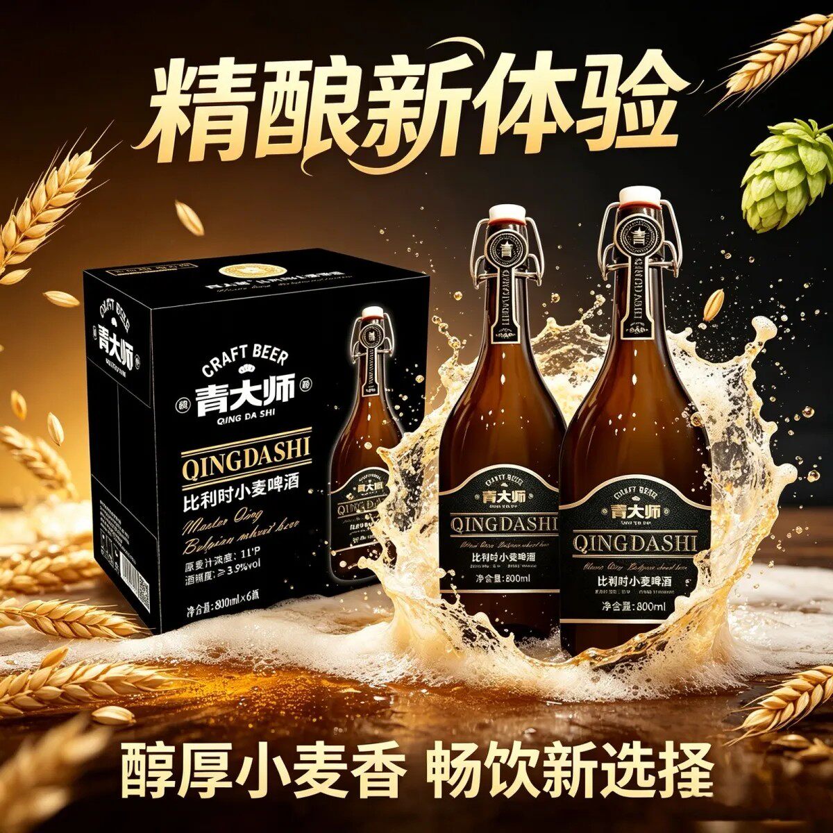 青大师啤酒11°P比利时小麦啤酒 800ml*6瓶/箱 摇摆盖高档啤酒