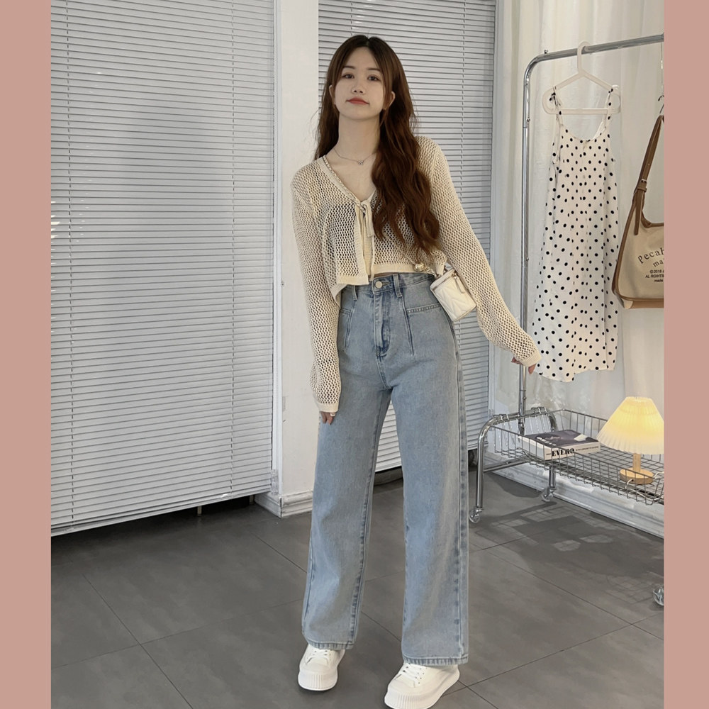 150小个子休闲时尚高腰牛仔裤直筒宽松百搭显瘦显高阔腿裤长裤女