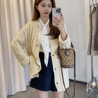 针织毛线单排扣V领外套长袖