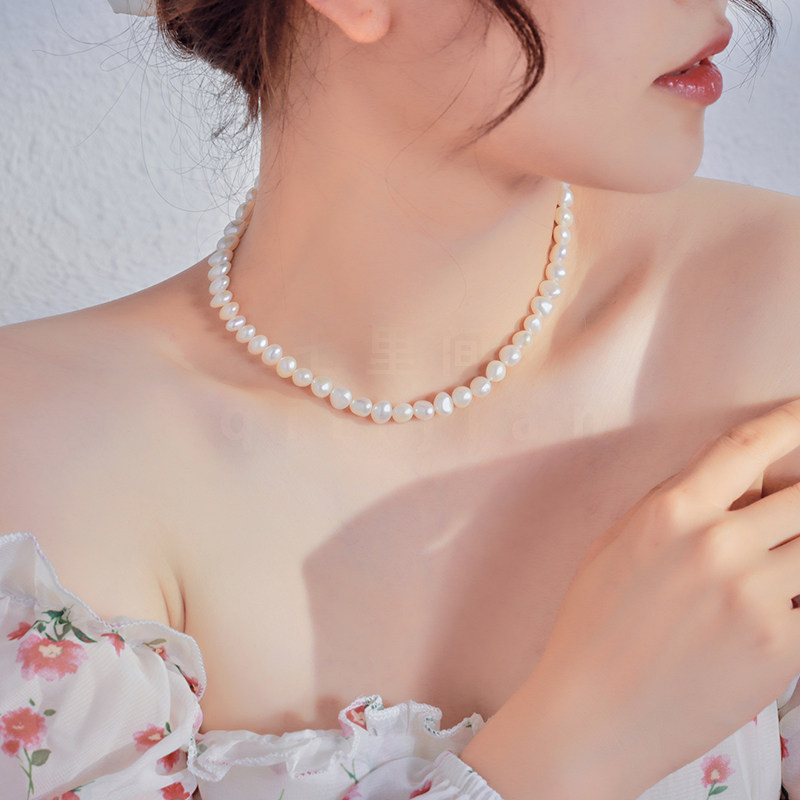 天然淡水珍珠项链女小众气质款异形两面光8-9mm强光微瑕特价包邮
