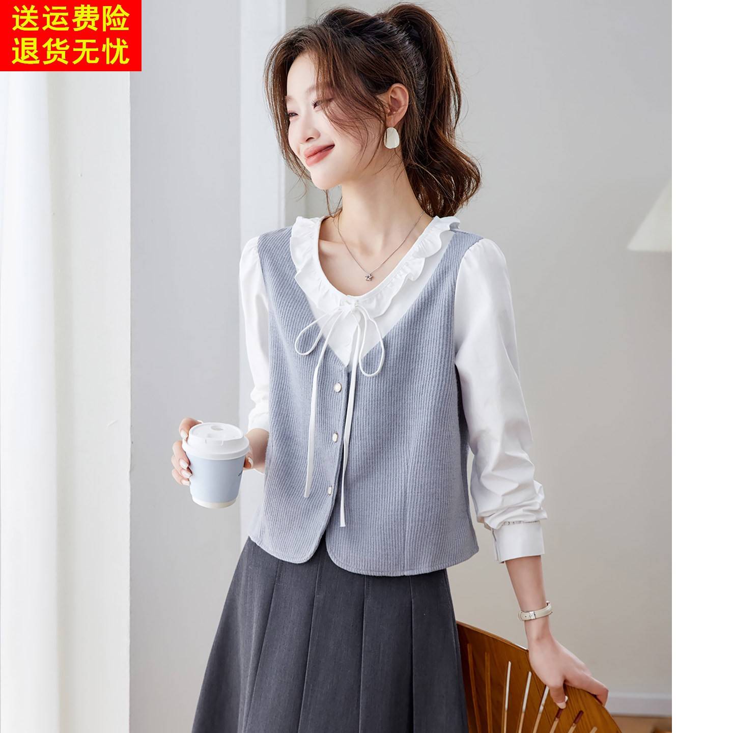 法式假两件拼接花边衬衫女士2026春季新款设计感短款减龄洋派上衣
