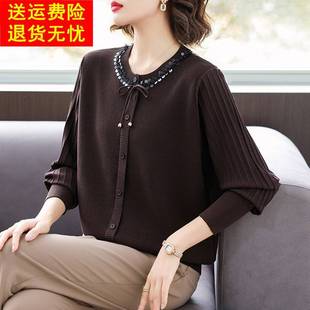媽媽春裝 中年女裝 2025新款 冰絲T恤中老年系帶打底上衣 洋氣針織衫