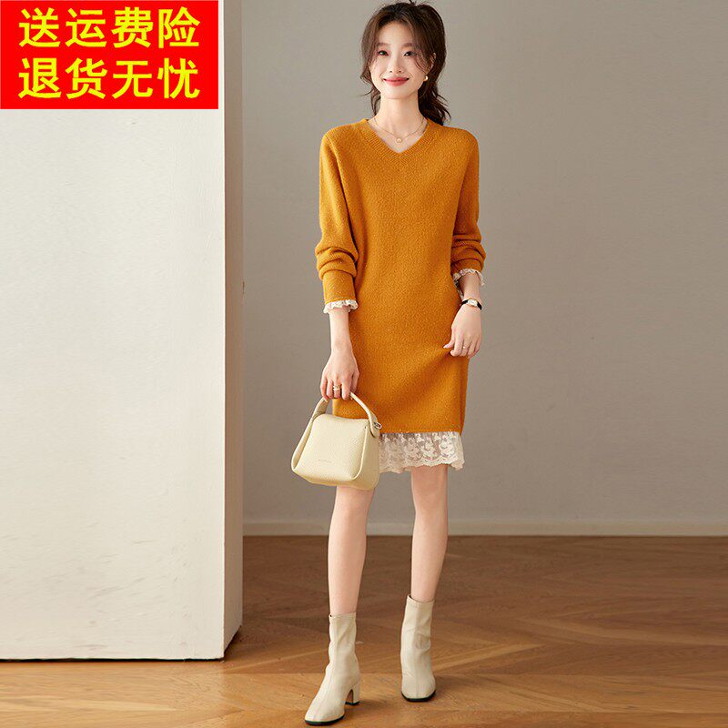 高端针织长袖连衣裙女秋冬小个子中长款V领拼接蕾丝显瘦打底裙子