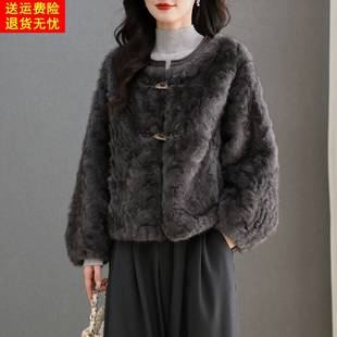 水貂绒皮草大衣外套女开衫圆领短款高腰小个子卡腰2025新款秋冬装