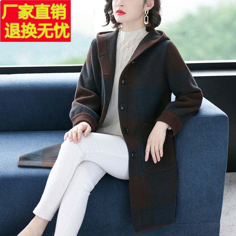 2025秋冬女士毛呢连帽外套中老年胖妈妈加大码中长版双面羊绒大衣