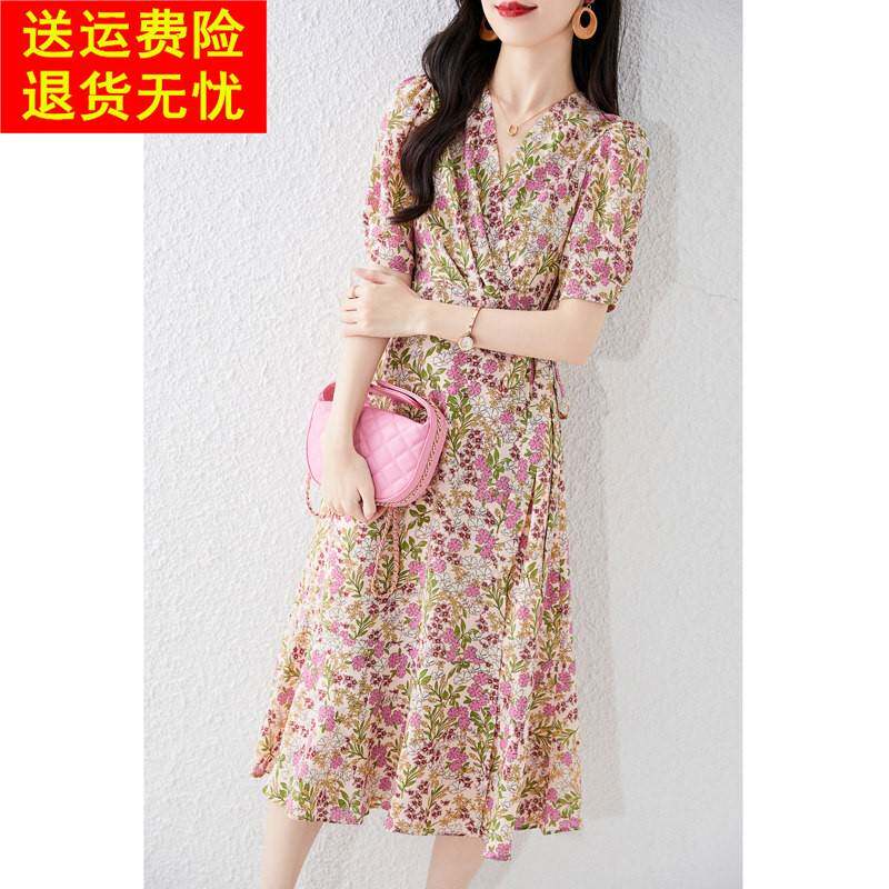 2025夏季新款中长版气质显瘦V领洋装时尚雪纺轻熟碎花裙子女薄