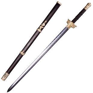 龙泉市泉字号宝剑碧血剑螭虎龙纹黄铜一体手工羽毛纹长汉剑未开刃