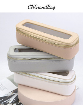 新款旅行便携真皮+TPU防水透明洗漱包化妆刷护肤品收纳包私人定制