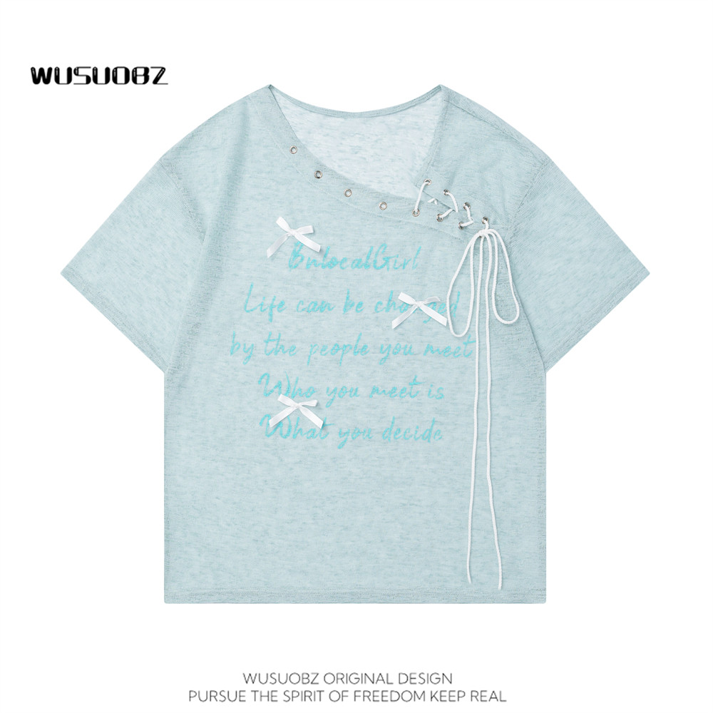 WUSUOBZ辣妹纯欲风蝴蝶结绑带短袖T恤女夏季宽松chic减龄罩衫上衣