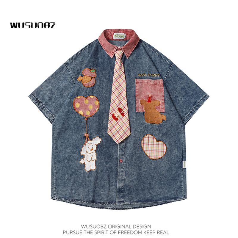 WUSUOBZ 美式卡通小狗水洗拼接牛仔短袖衬衫夏季领带宽松情侣上衣