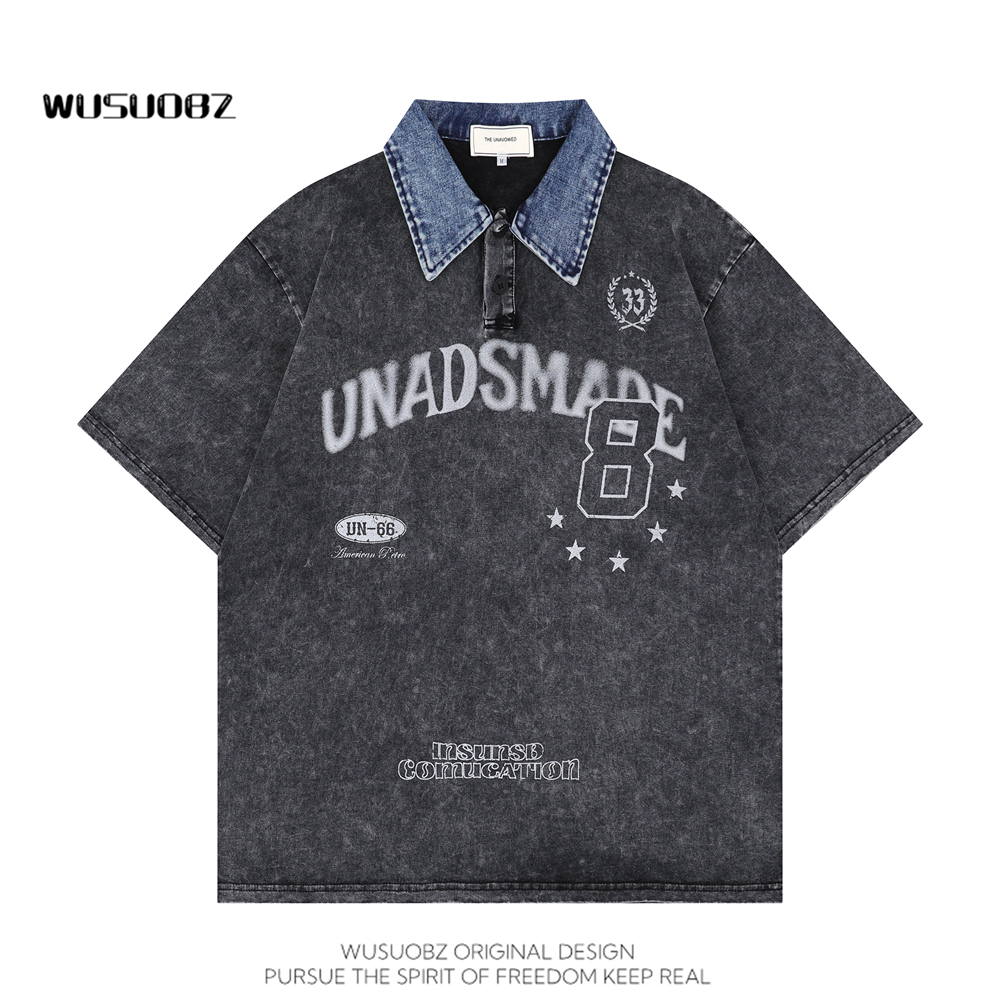 WUSUOBZ 学院风格纹拼接撞色polo衫男女2025夏季宽松百搭半袖上衣