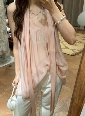 JAC STUDIO 2026春夏新款法式复古文艺范飘带V领藕粉无袖真丝衬衫