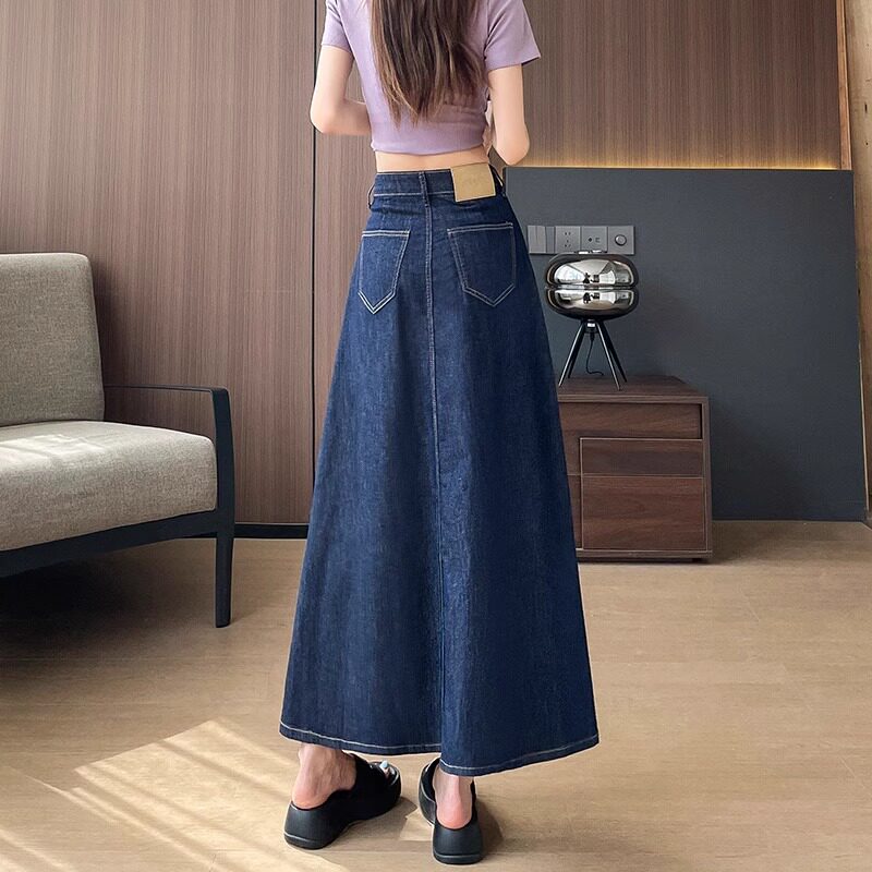 丹宁色牛仔半身裙女夏季薄微胖梨型伞裙宽松遮肚遮胯中长款长裙子