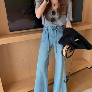 显瘦百搭马蹄长裤 修身 子 女2025夏季 蓝色设计感腰绳高腰微喇牛仔裤