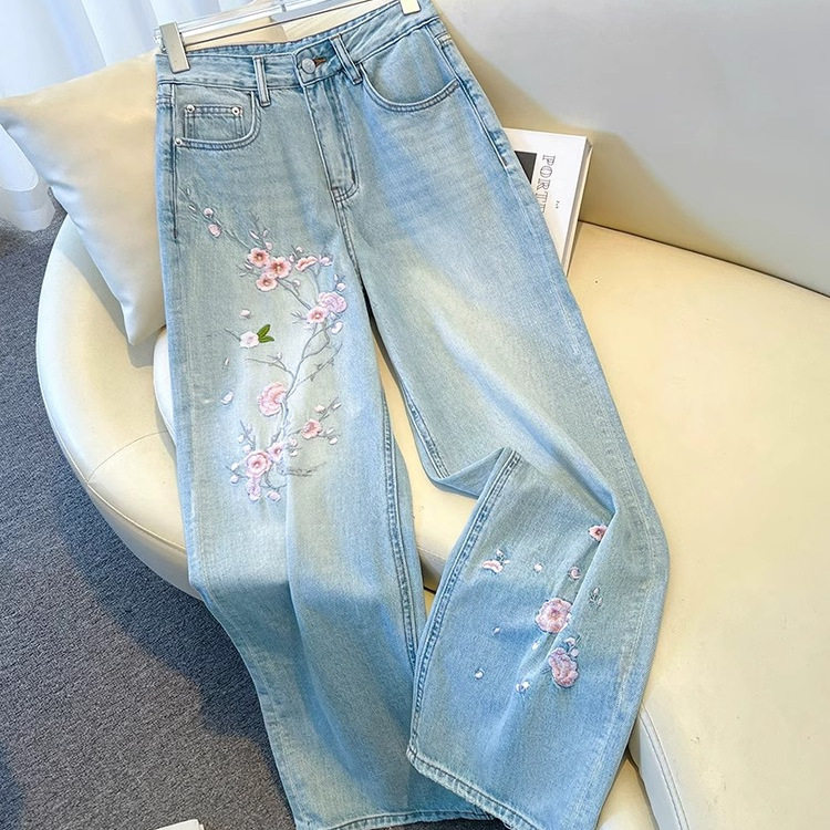 欧货牛仔裤女2025夏季新款重工刺绣花朵百搭休闲直筒复古阔腿长裤,女装/女士精品,牛仔裤,淘宝优惠券,粉丝福利购,淘宝优惠卷