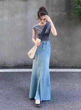 韩系温柔风浅蓝色包臀牛仔半身裙女夏季新款高腰长裙子显瘦鱼尾裙