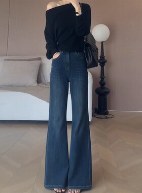 蓝色高腰直筒阔腿微喇牛仔裤女2025秋季新款复古不贴腿喇叭拖地裤