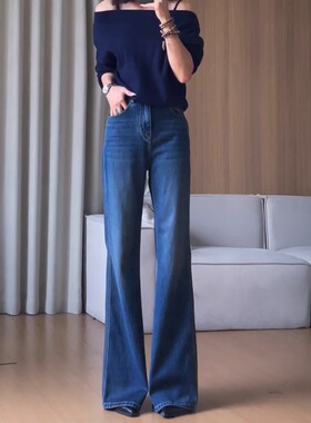 蓝色气质时髦微喇牛仔裤女2025秋季新款高腰不贴腿直筒喇叭拖地裤