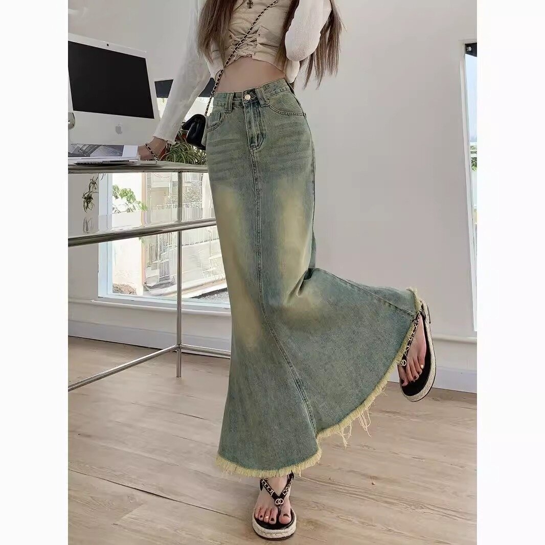 毛边复古牛仔半身裙女夏季2025新款设计感高腰鱼尾包臀中长款裙子