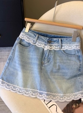 浅蓝色蕾丝拼接牛仔短裙女夏季2025高腰显瘦a字裙辣妹包臀半身裙