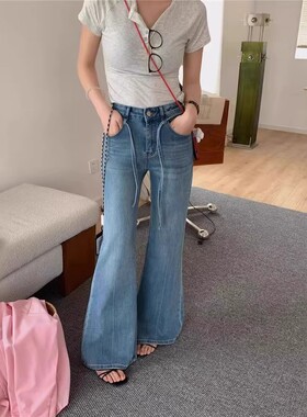 浅蓝色绑带微喇牛仔裤女夏季欧货水洗高腰显瘦宽松直筒喇叭拖地裤
