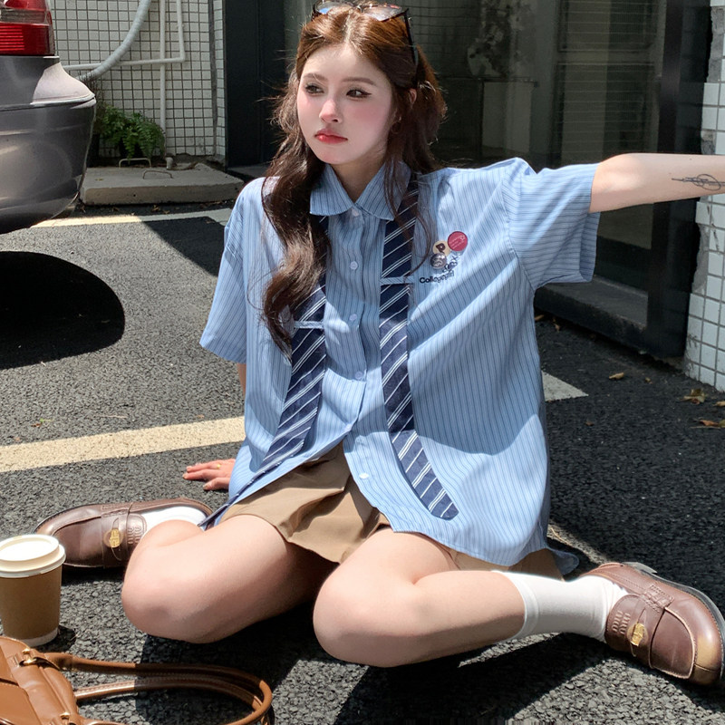 PENGSINI学院风蓝色条纹polo领短袖衬衫女款夏季设计感宽松上衣