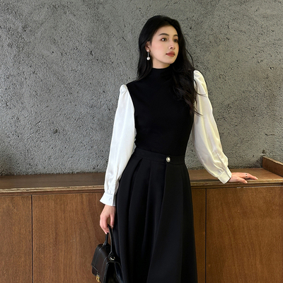 黑色半高领撞色长袖衬衣女春装新款简约气质高级感通勤职业衬衫女
