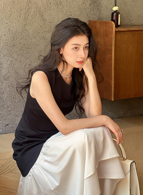 设计感拼接无袖背心连衣裙女简约撞色收腰显瘦长裙女气质通勤高级