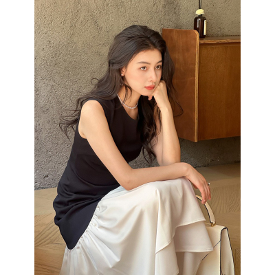 设计感拼接无袖背心连衣裙女简约撞色收腰显瘦长裙女气质通勤高级