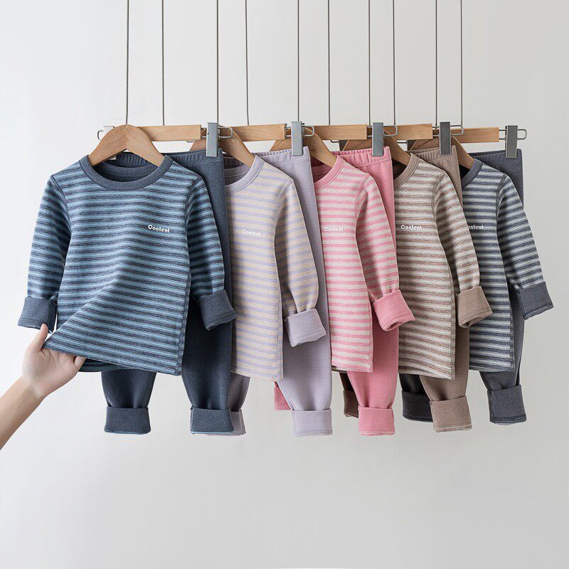 A05791（宝贝响当当）秋冬条纹加厚羊毛蚕丝保暖家居服套装两件套