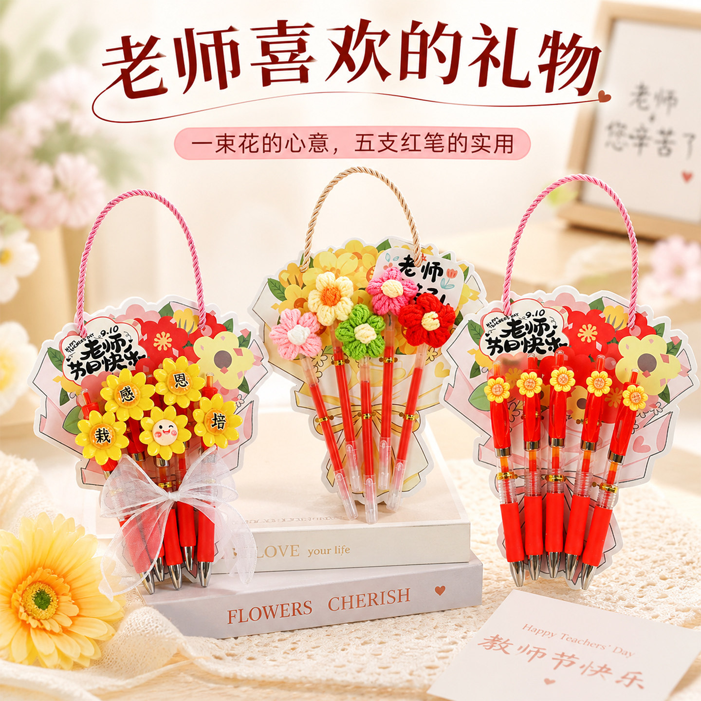 教师节送老师红笔针织花束贺卡图片