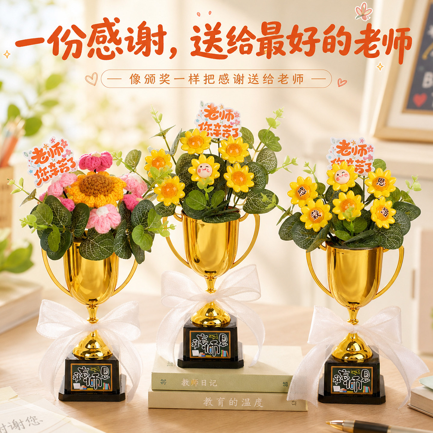教师节创意手工针织花束奖杯图片