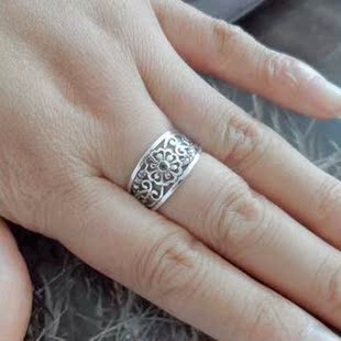 泰银 925纯银 手工银 石榴石乌金石如意太阳花好运戒指12-18