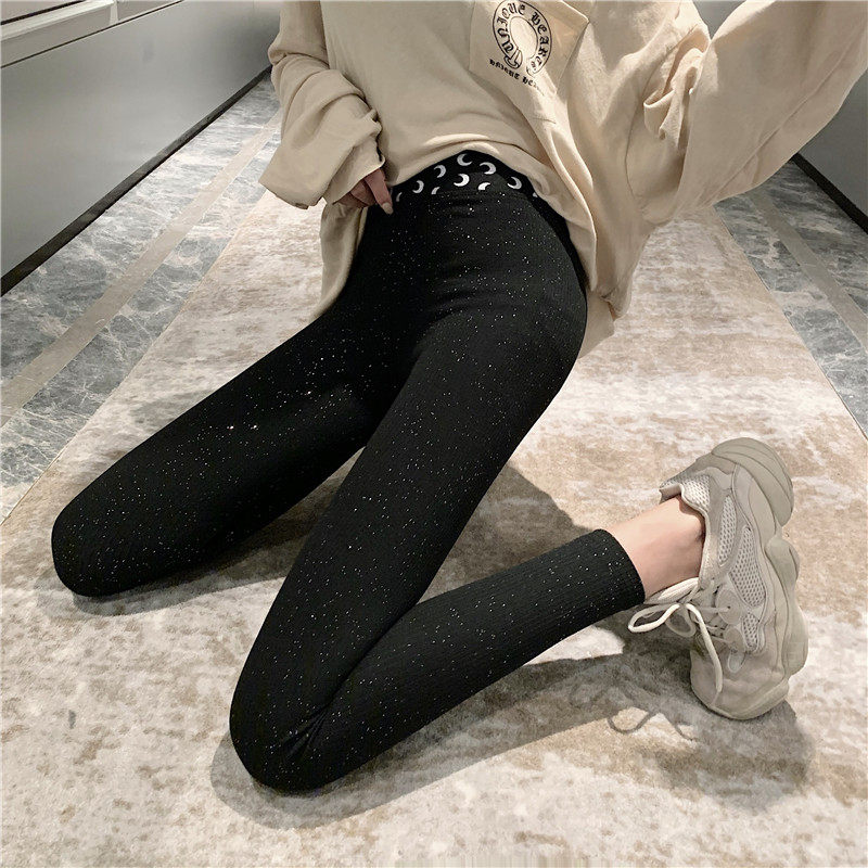 Red Spring Moon high waist Leggings star thread thin Sequin Capris