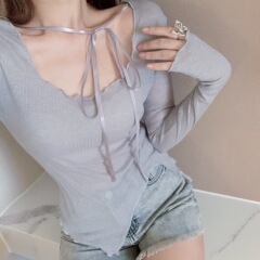 Real price ~ solid color T-shirt women's round neck irregular bandage split T-shirt showing thin and exposed clavicle elastic base shirt