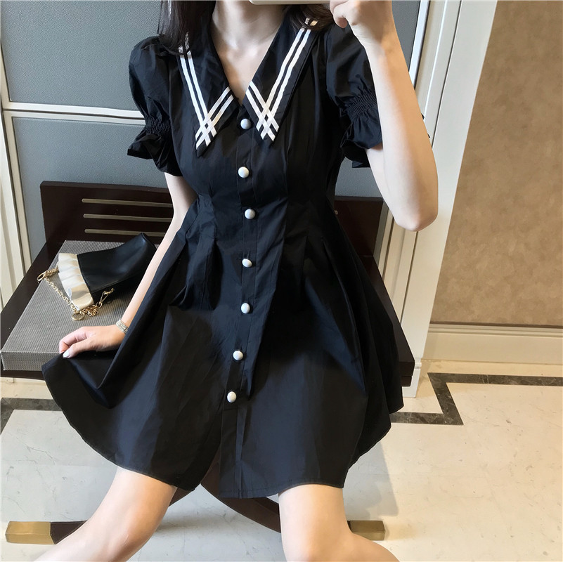 Style real photo real price stripe collar slim lace sleeve collar dress high waist slim character short skirt