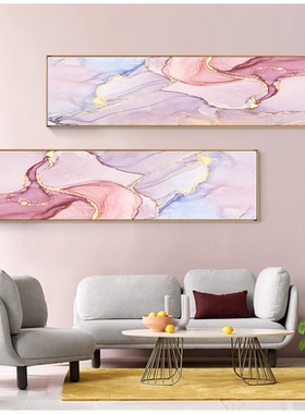 2504北欧小清新卧室装饰画粉色流金抽象横幅客厅背景房间主卧挂画
